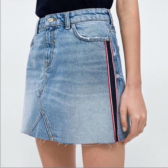 Zara Dresses & Skirts - Zara Z1975 Side Stripe Raw Hem Denim Mini Skirt